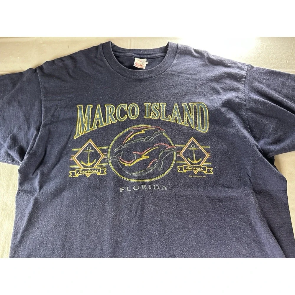 VTG 1990s Marco‎ Island Florida Shirt Mens XL Navy Made in USA Single Stitch Tee
